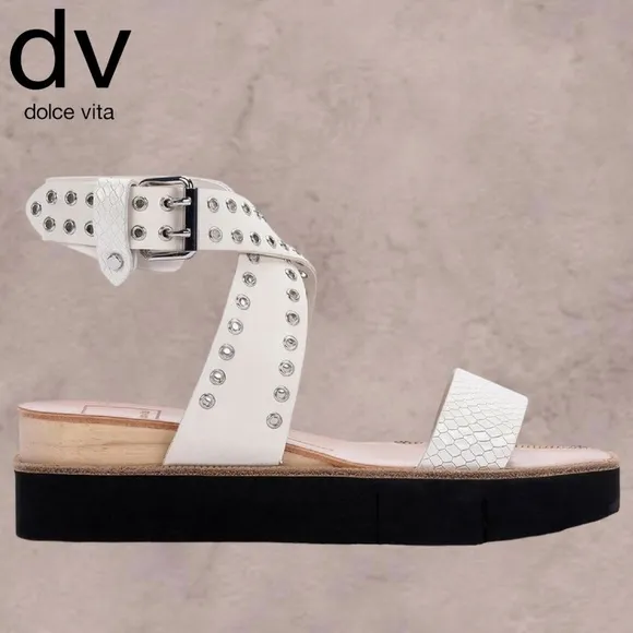 DOLCE VITA White Panko Leather Croc-Embossed Grommet Platform Sandals