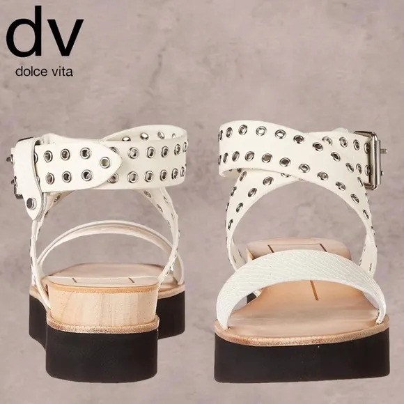 DOLCE VITA White Panko Leather Croc-Embossed Grommet Platform Sandals