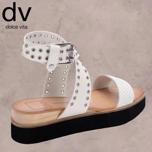 DOLCE VITA White Panko Leather Croc-Embossed Grommet Platform Sandals