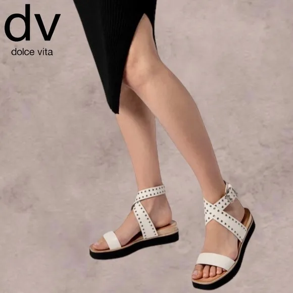 DOLCE VITA White Panko Leather Croc-Embossed Grommet Platform Sandals