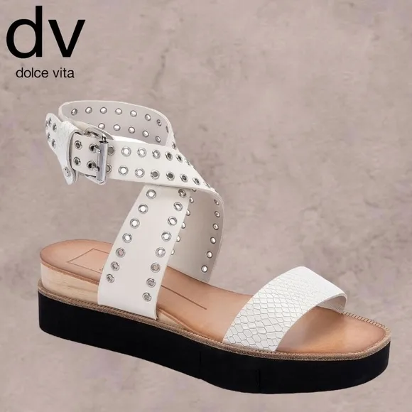 DOLCE VITA White Panko Leather Croc-Embossed Grommet Platform Sandals