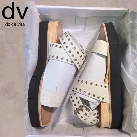 DOLCE VITA White Panko Leather Croc-Embossed Grommet Platform Sandals