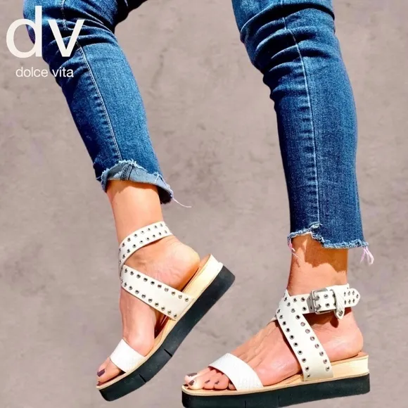 DOLCE VITA White Panko Leather Croc-Embossed Grommet Platform Sandals