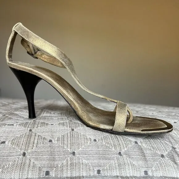 Donald J. Pliner Nany 2 Brushed Gold Leather Heeled Sandals Women 9.5 M Strappy