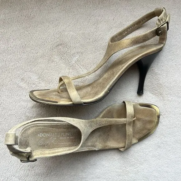 Donald J. Pliner Nany 2 Brushed Gold Leather Heeled Sandals Women 9.5 M Strappy