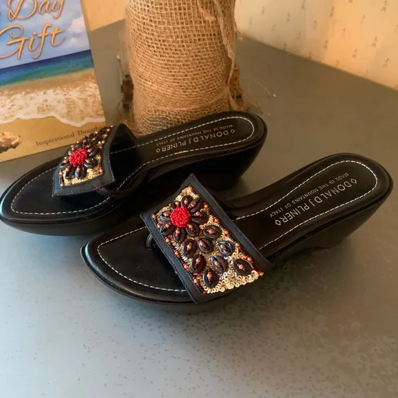 Donald J. Pliner sandals, BEAUTIFUL. BLACK with GOLD sequins, RED and GOLD beads