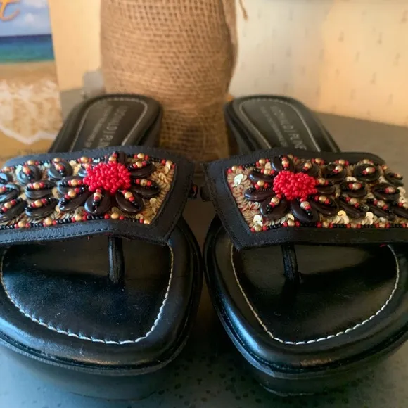 Donald J. Pliner sandals, BEAUTIFUL. BLACK with GOLD sequins, RED and GOLD beads