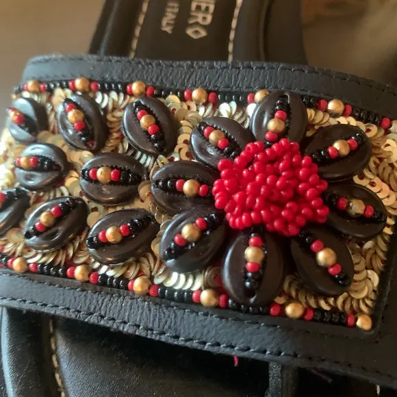Donald J. Pliner sandals, BEAUTIFUL. BLACK with GOLD sequins, RED and GOLD beads