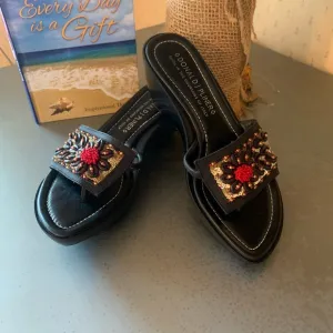 Donald J. Pliner sandals, BEAUTIFUL. BLACK with GOLD sequins, RED and GOLD beads
