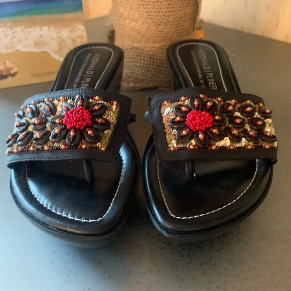 Donald J. Pliner sandals, BEAUTIFUL. BLACK with GOLD sequins, RED and GOLD beads