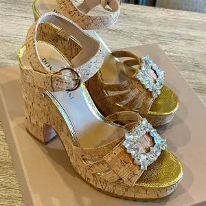 Donald Pilner Elegant Tan and Gold Platform sparkle, cork gold
