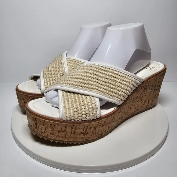 Donald Pliner Ilonar Wedge Platform Sandals Raffia Cork Neutral Tan White 10