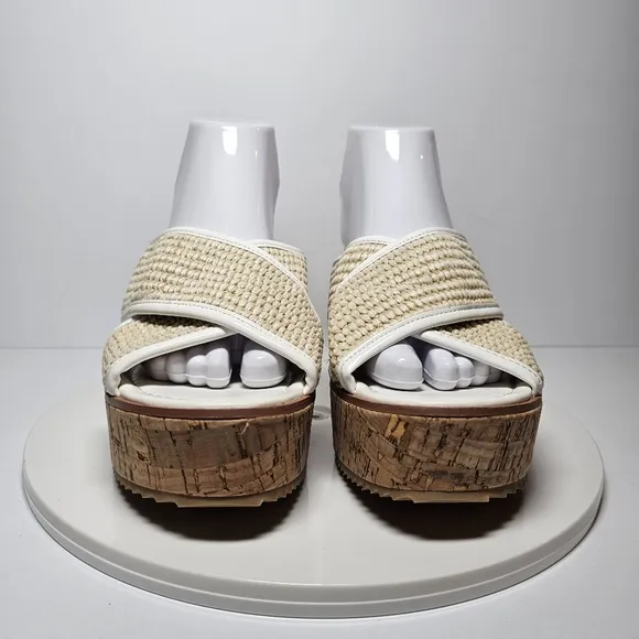 Donald Pliner Ilonar Wedge Platform Sandals Raffia Cork Neutral Tan White 10