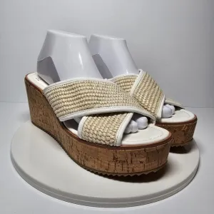 Donald Pliner Ilonar Wedge Platform Sandals Raffia Cork Neutral Tan White 10