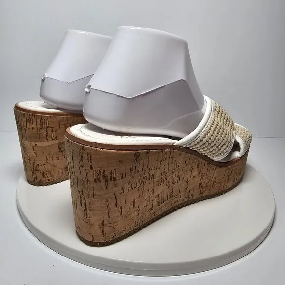 Donald Pliner Ilonar Wedge Platform Sandals Raffia Cork Neutral Tan White 10