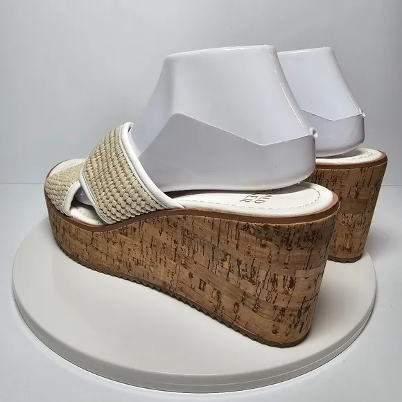 Donald Pliner Ilonar Wedge Platform Sandals Raffia Cork Neutral Tan White 10