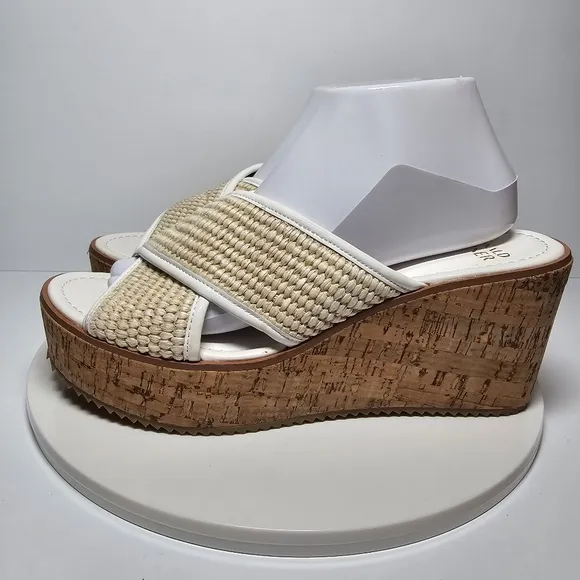 Donald Pliner Ilonar Wedge Platform Sandals Raffia Cork Neutral Tan White 10