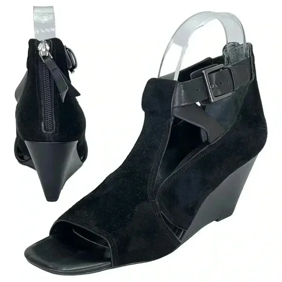 Donald Pliner Sila Wedge Sandals 7.5M Black Suede Leather Back Zipper