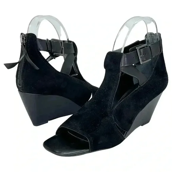 Donald Pliner Sila Wedge Sandals 7.5M Black Suede Leather Back Zipper