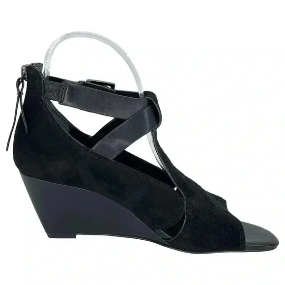 Donald Pliner Sila Wedge Sandals 7.5M Black Suede Leather Back Zipper