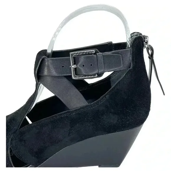 Donald Pliner Sila Wedge Sandals 7.5M Black Suede Leather Back Zipper