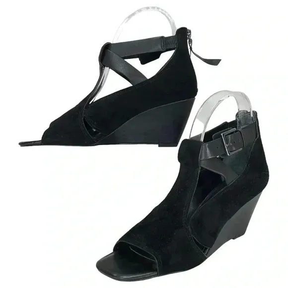 Donald Pliner Sila Wedge Sandals 7.5M Black Suede Leather Back Zipper
