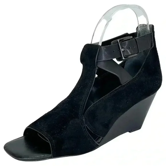 Donald Pliner Sila Wedge Sandals 7.5M Black Suede Leather Back Zipper