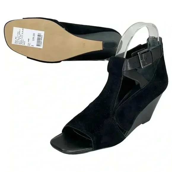 Donald Pliner Sila Wedge Sandals 7.5M Black Suede Leather Back Zipper