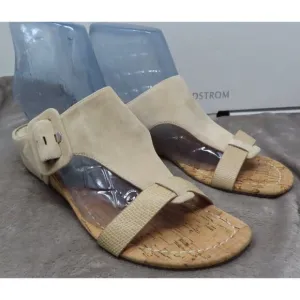 Donald Pliner Wedge Sandals Womens 9M Ofelia Adjustable Suede Cork Slip On Beige
