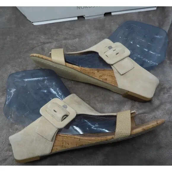 Donald Pliner Wedge Sandals Womens 9M Ofelia Adjustable Suede Cork Slip On Beige