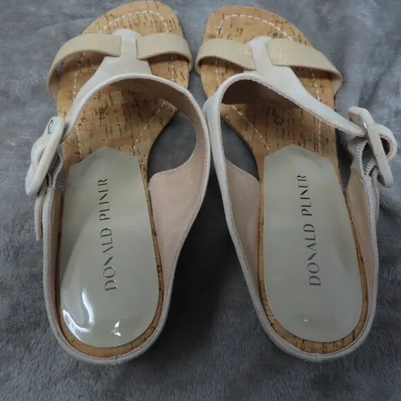 Donald Pliner Wedge Sandals Womens 9M Ofelia Adjustable Suede Cork Slip On Beige