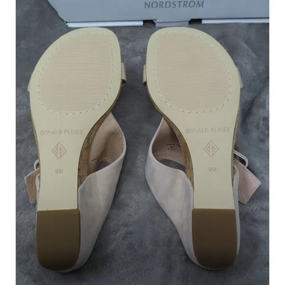 Donald Pliner Wedge Sandals Womens 9M Ofelia Adjustable Suede Cork Slip On Beige