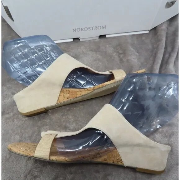 Donald Pliner Wedge Sandals Womens 9M Ofelia Adjustable Suede Cork Slip On Beige