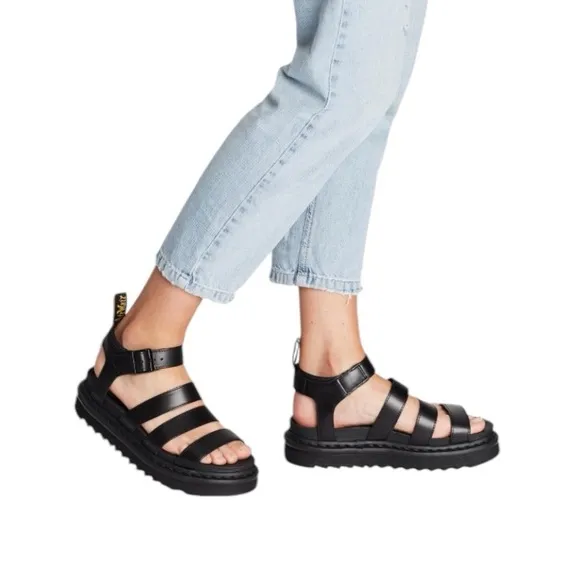 Dr. Martens Black Blaire Brando Leather Strappy Chunky Platform Sandals
