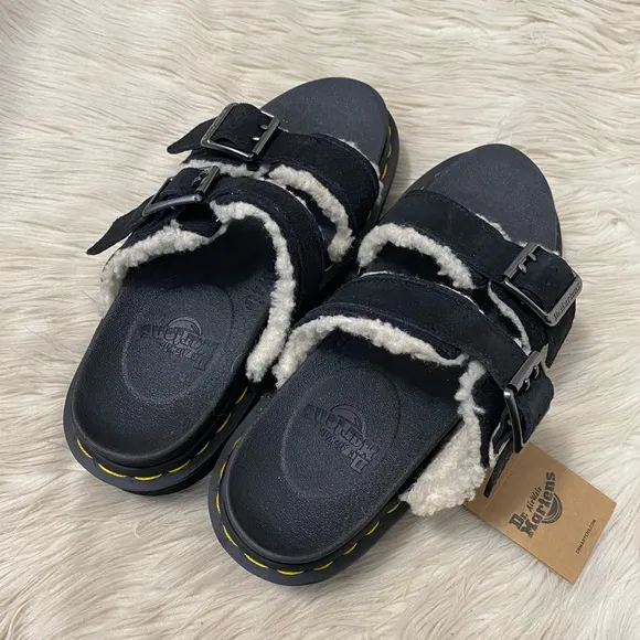 Dr. Martens Black Myles Suede Fur Lined Buckle Slide Sandals Zebrilus Sole EU 37