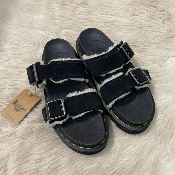 Dr. Martens Black Myles Suede Fur Lined Buckle Slide Sandals Zebrilus Sole EU 37
