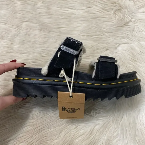 Dr. Martens Black Myles Suede Fur Lined Buckle Slide Sandals Zebrilus Sole EU 37