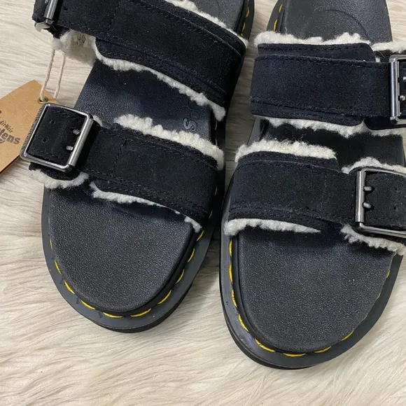 Dr. Martens Black Myles Suede Fur Lined Buckle Slide Sandals Zebrilus Sole EU 37