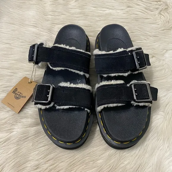 Dr. Martens Black Myles Suede Fur Lined Buckle Slide Sandals Zebrilus Sole EU 37