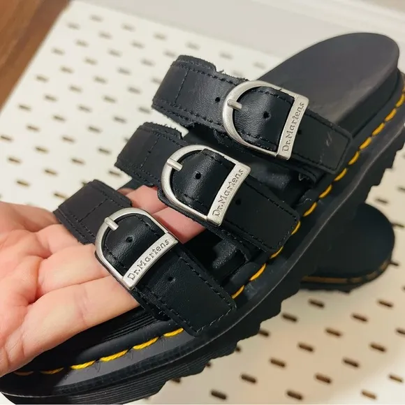 Dr Martens BLAIRE Black Leather Buckles 3-Strap Platform Slide Sandals Women's 7