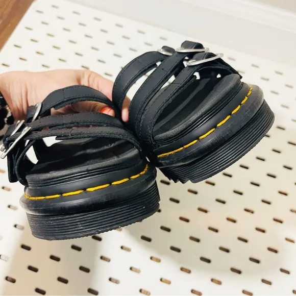 Dr Martens BLAIRE Black Leather Buckles 3-Strap Platform Slide Sandals Women's 7