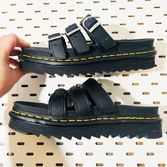 Dr Martens BLAIRE Black Leather Buckles 3-Strap Platform Slide Sandals Women's 7