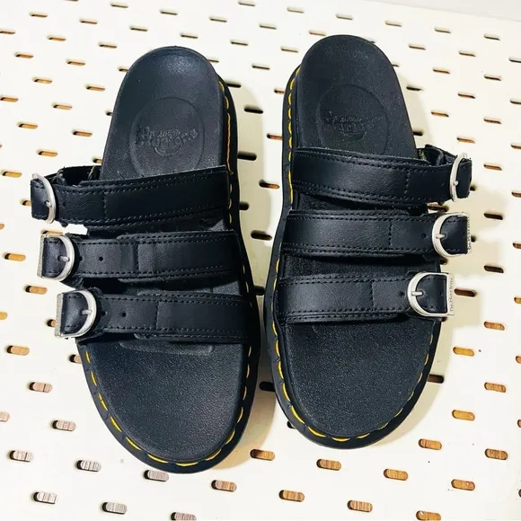 Dr Martens BLAIRE Black Leather Buckles 3-Strap Platform Slide Sandals Women's 7