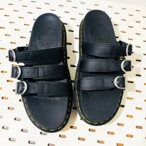 Dr Martens BLAIRE Black Leather Buckles 3-Strap Platform Slide Sandals Women's 7
