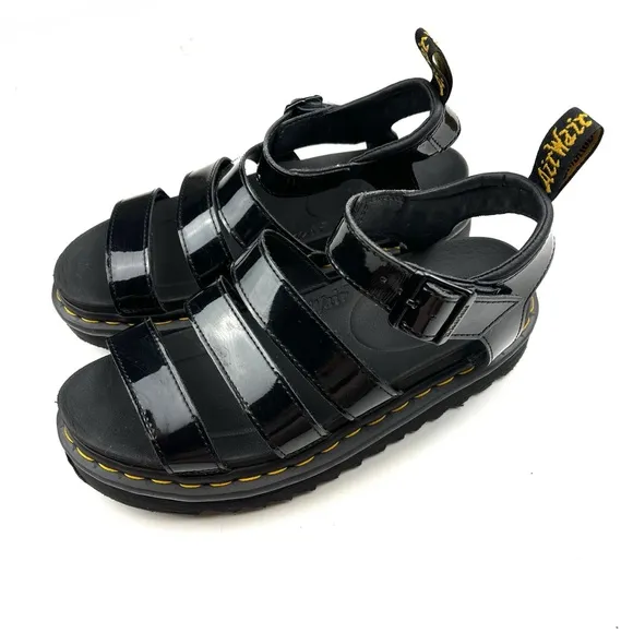 Dr. Martens Blaire Black Patent Leather Strappy Platform Lug Sole Sandals size 8