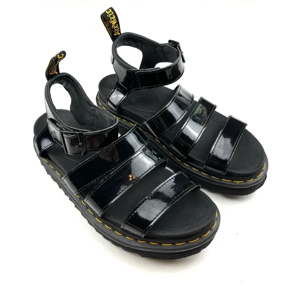 Dr. Martens Blaire Black Patent Leather Strappy Platform Lug Sole Sandals size 8
