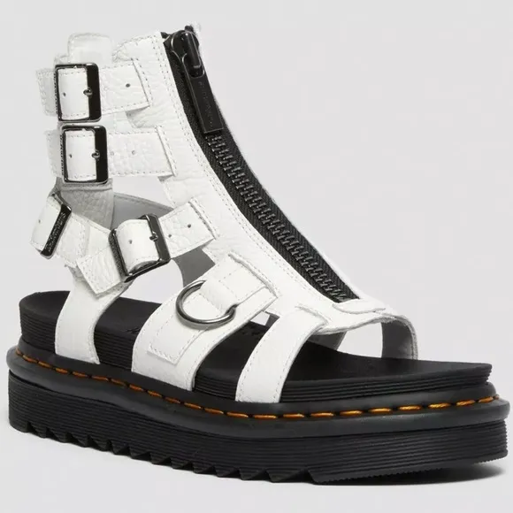 Dr Martens Olson Zipped White Leather Strap Sandals Platform Doc Women’s