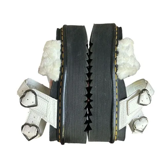 Dr Martens Platform Sandals Womens US 6‎ Voss Quad Fluffy Fur Heart White Y2K