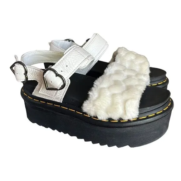 Dr Martens Platform Sandals Womens US 6‎ Voss Quad Fluffy Fur Heart White Y2K