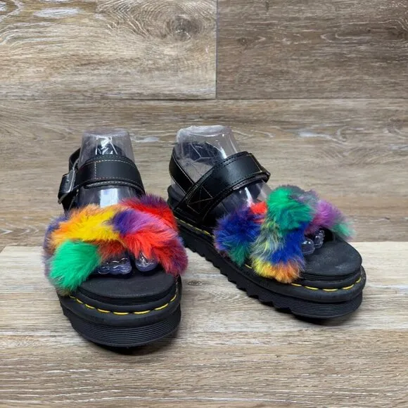 Dr. Martens Voss II Fluffy Faux Fur Leather Strap Sandals Women's Size 8